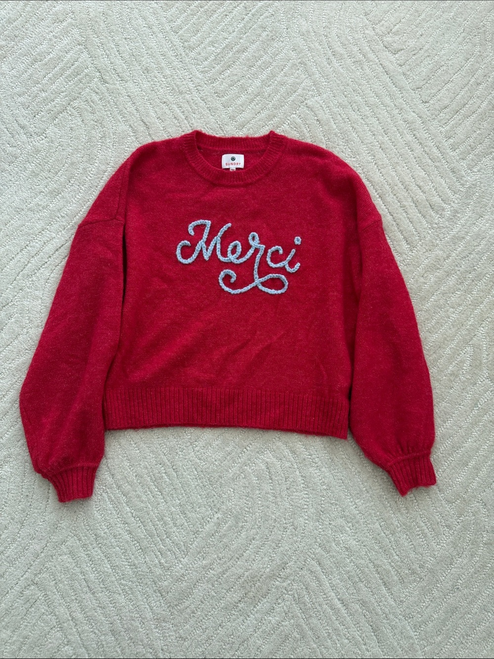 Sundry Merci Script Red Crewneck Sweater - Women's